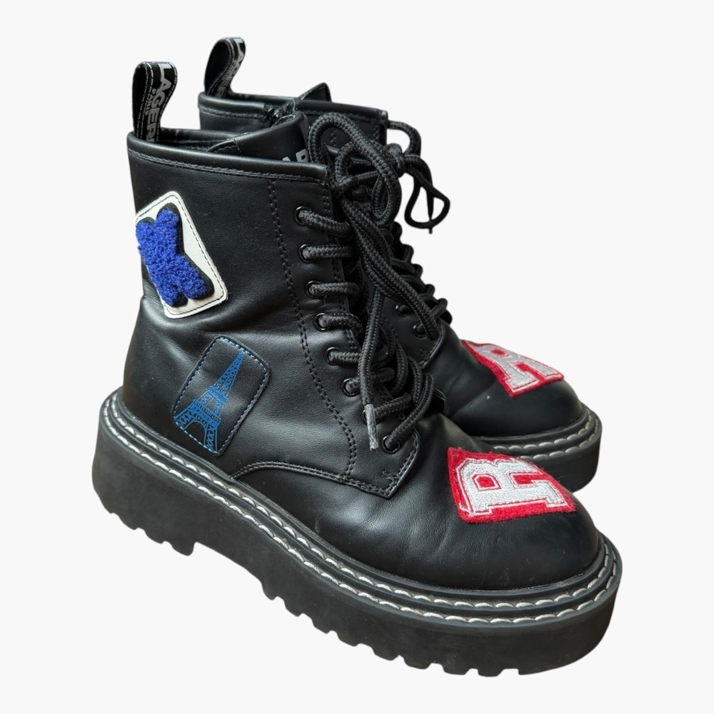 Karl Lagerfeld Paris Dixie Combat Boots Black Platform Paris Patch 5.5